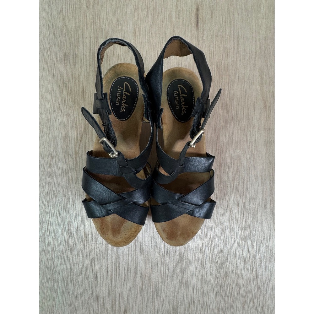 Clarks Artisan Black Leather Cork Wedge Strappy Sandals with Buckle Size W6